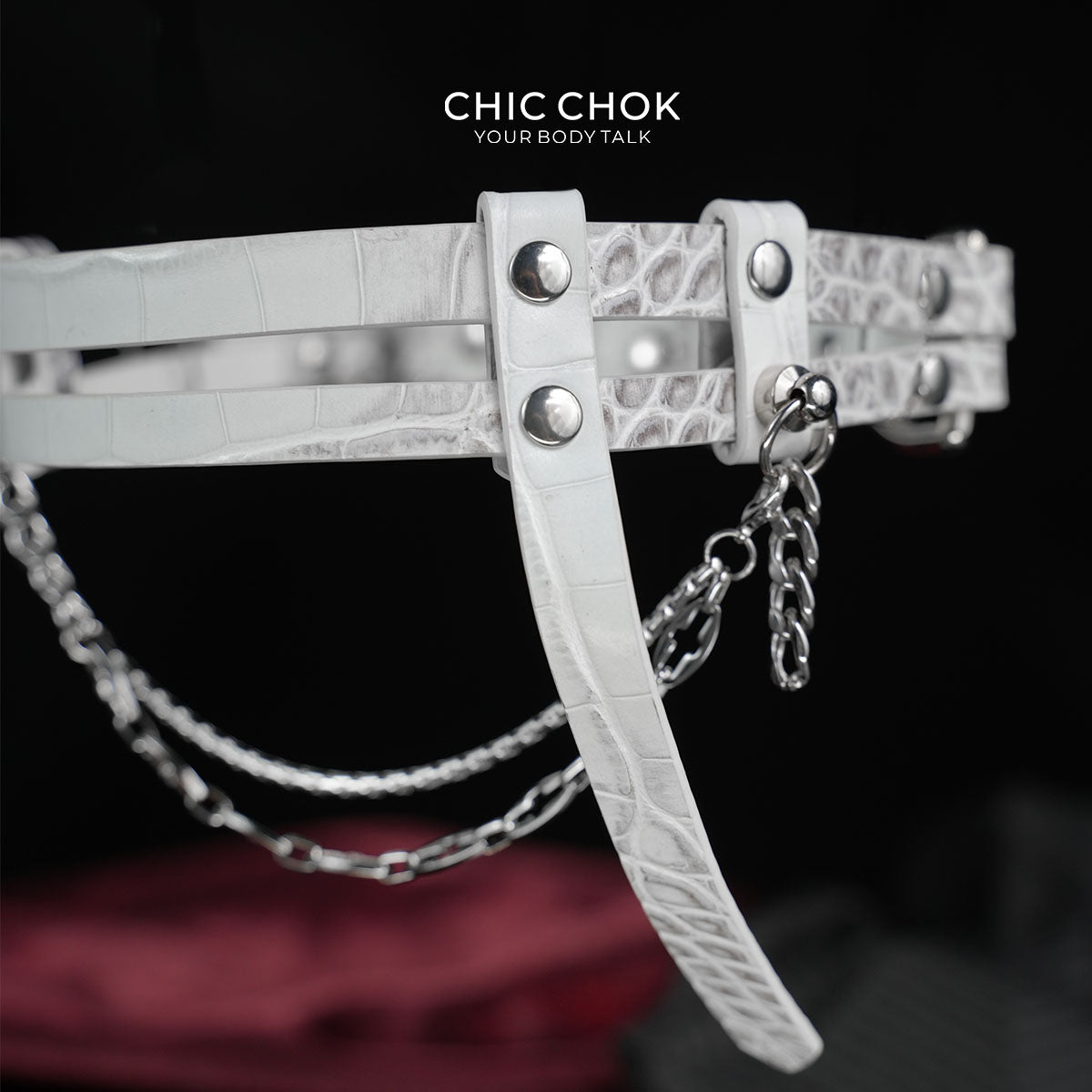CHICCHOK "Delusion No. 247" White Croc-Embossed Leather Choker | Asymmetric Restraint & IV Chain Collar | Yandere Gothic Asylum Subculture Jewelry