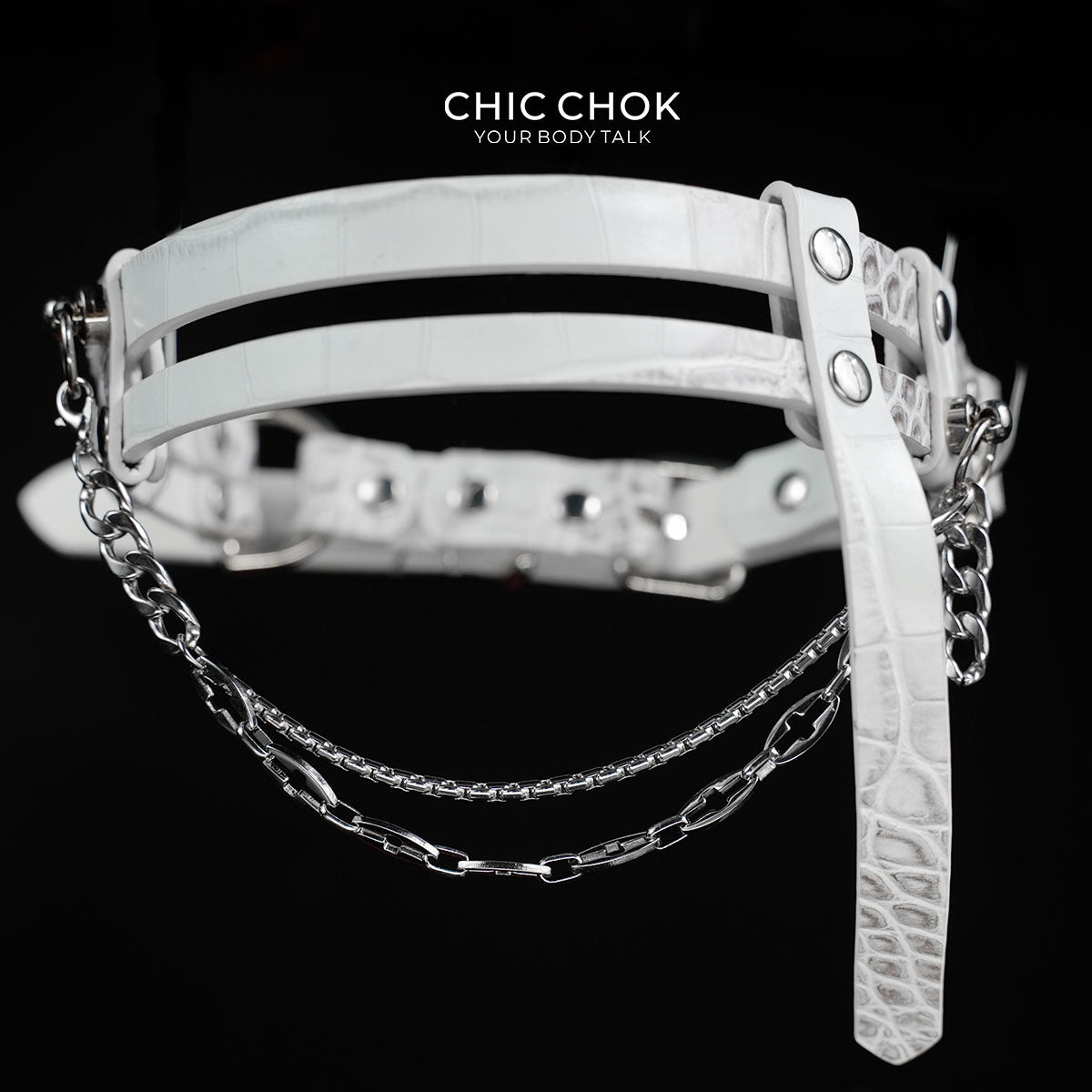 CHICCHOK "Delusion No. 247" White Croc-Embossed Leather Choker | Asymmetric Restraint & IV Chain Collar | Yandere Gothic Asylum Subculture Jewelry