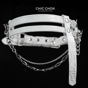 CHICCHOK "Delusion No. 247" White Croc-Embossed Leather Choker | Asymmetric Restraint & IV Chain Collar | Yandere Gothic Asylum Subculture Jewelry