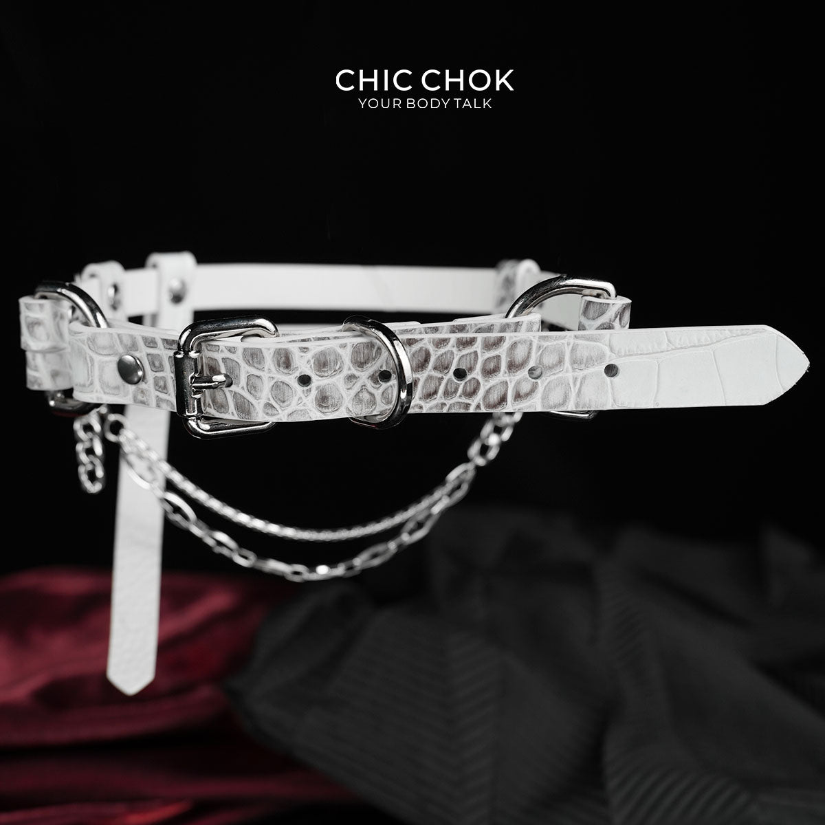 CHICCHOK "Delusion No. 247" White Croc-Embossed Leather Choker | Asymmetric Restraint & IV Chain Collar | Yandere Gothic Asylum Subculture Jewelry