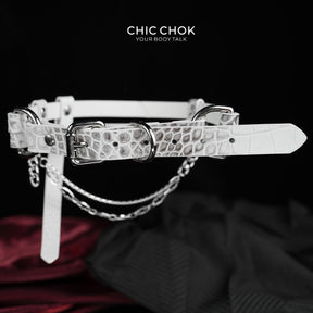 CHICCHOK "Delusion No. 247" White Croc-Embossed Leather Choker | Asymmetric Restraint & IV Chain Collar | Yandere Gothic Asylum Subculture Jewelry