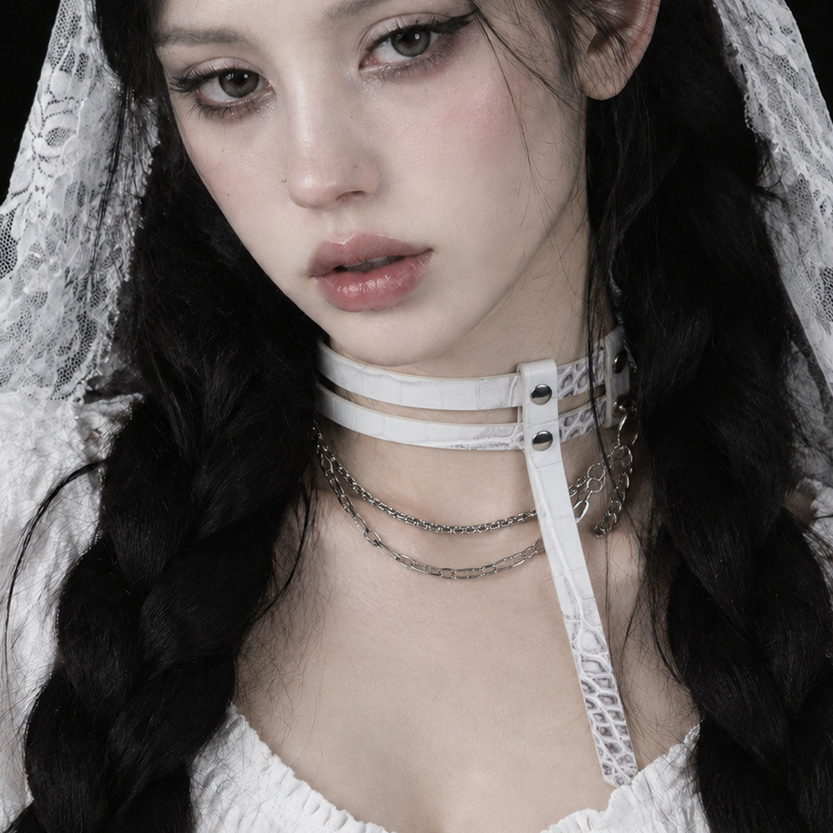 CHICCHOK "Delusion No. 247" White Croc-Embossed Leather Choker | Asymmetric Restraint & IV Chain Collar | Yandere Gothic Asylum Subculture Jewelry