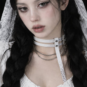CHICCHOK "Delusion No. 247" White Croc-Embossed Leather Choker | Asymmetric Restraint & IV Chain Collar | Yandere Gothic Asylum Subculture Jewelry