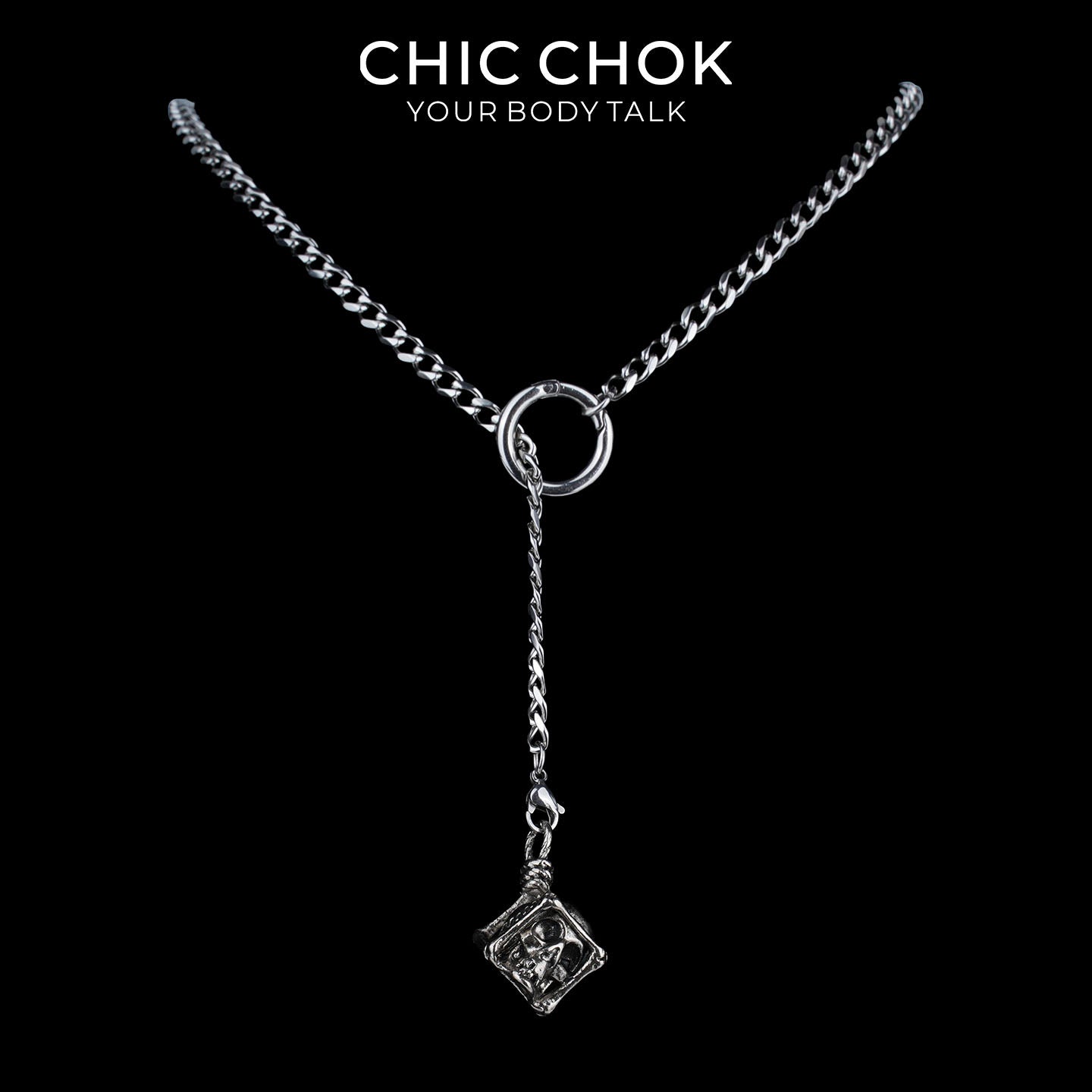 CHICCHOK Colar de Corrente Y-Lariat Subversivo | Choker Gótico de Aço Inoxidável com Elos Cubanos
