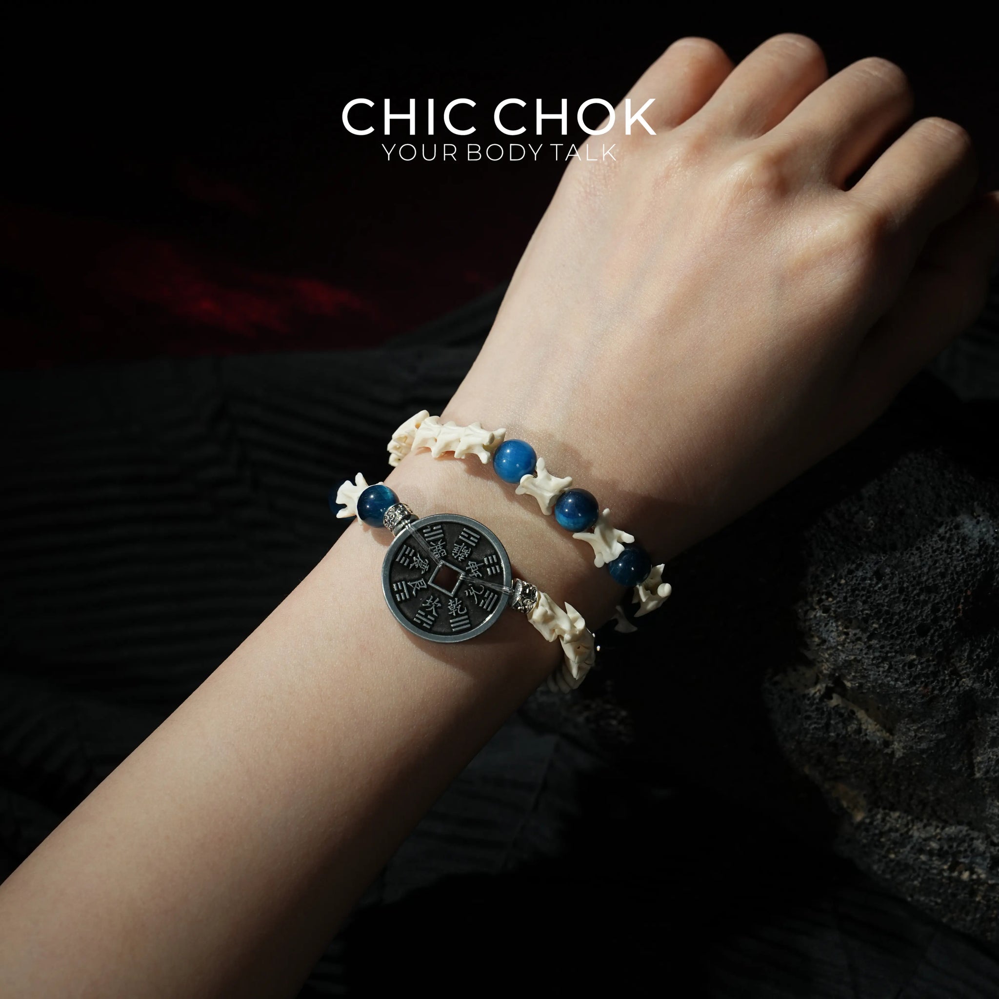 Obsidian Copper Coin Snake Bone Beaded Bracelet