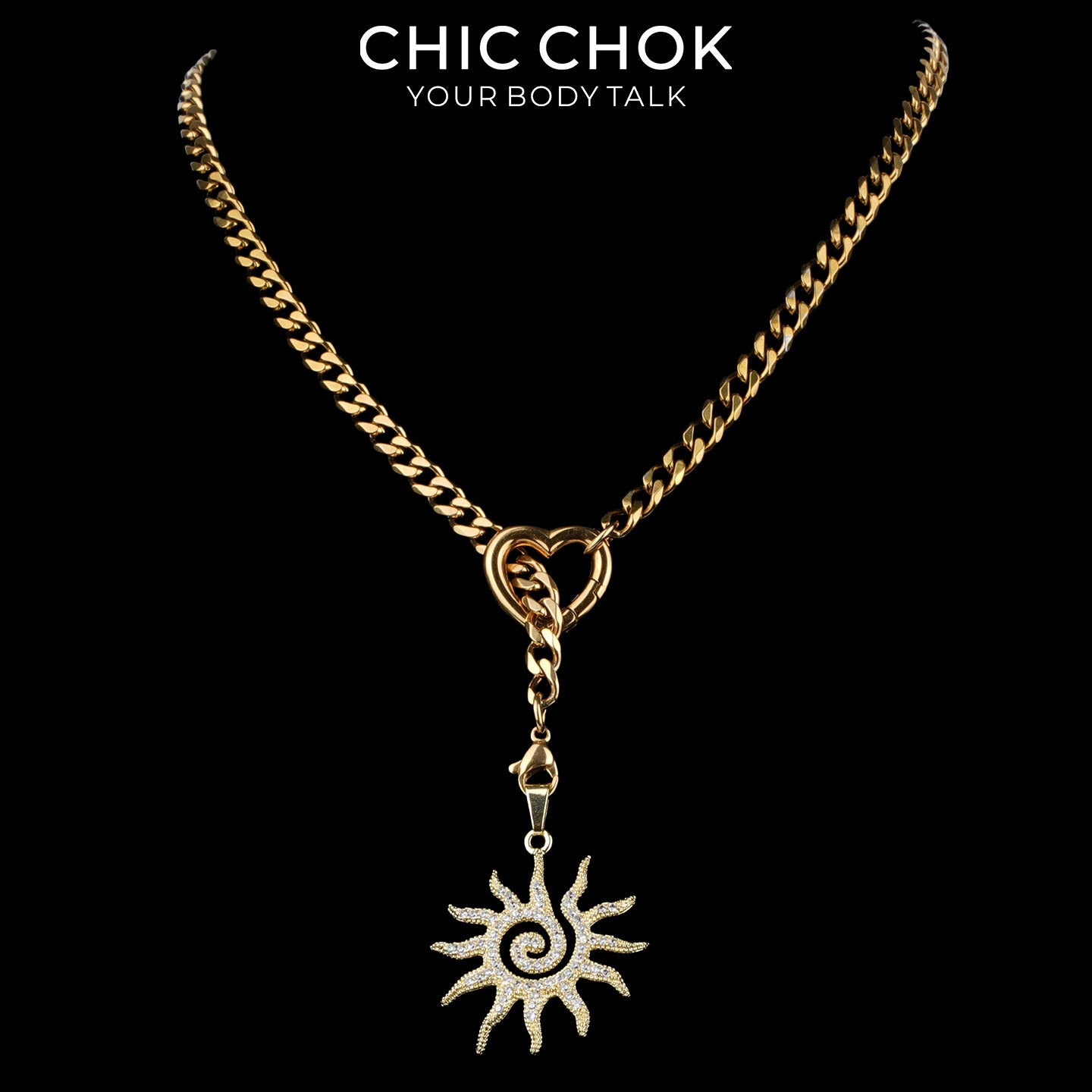 Kalung Y-Lariat Bintang Emas CHICCHOK | Rantai Kuba Baja Tahan Karat Berlapis Emas 18K | Perhiasan Coquette Liontin Hati Emas Hancur Bertekstur Antik