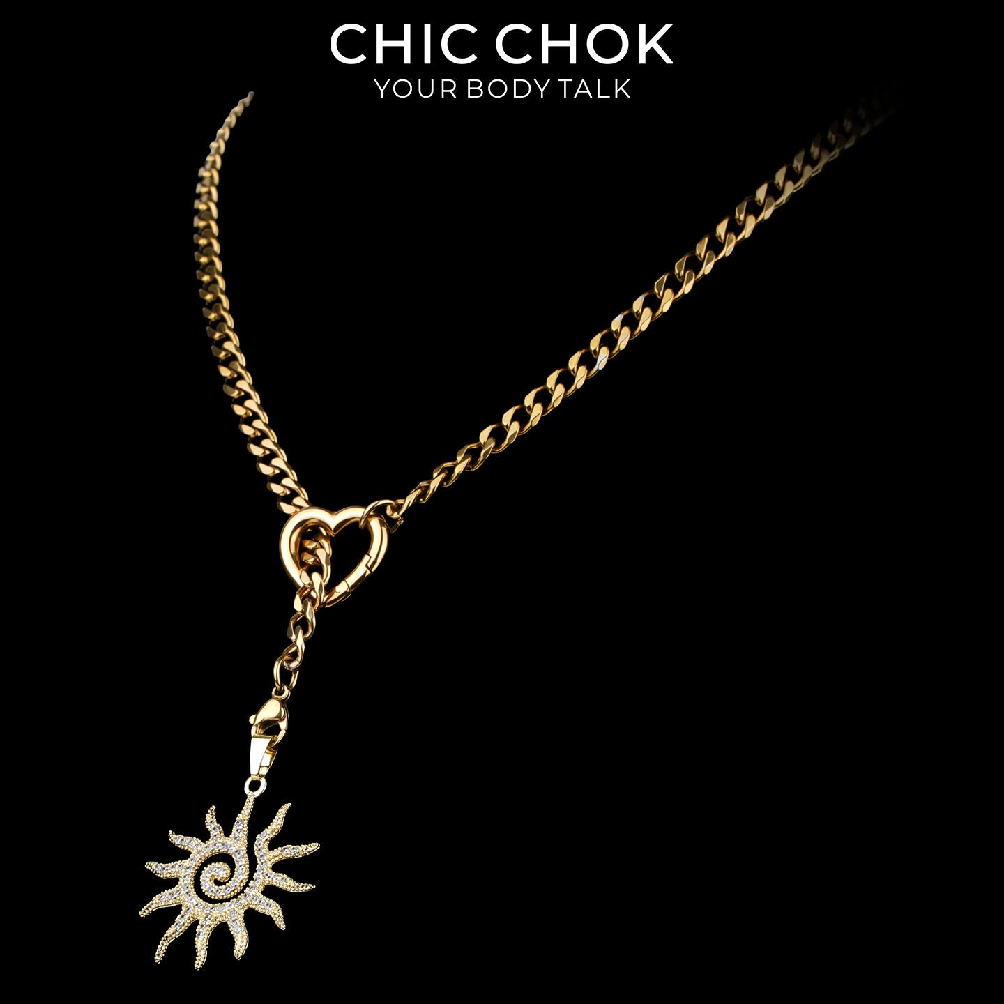 Kalung Y-Lariat Bintang Emas CHICCHOK | Rantai Kuba Baja Tahan Karat Berlapis Emas 18K | Perhiasan Coquette Liontin Hati Emas Hancur Bertekstur Antik