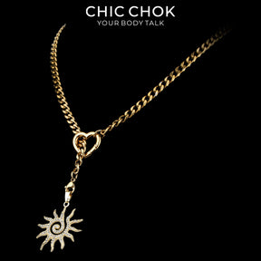 CHICCHOK Gilded Star Haven Y-Lariat Necklace | 18K Gold Plated Stainless Steel Cuban Chain | Vintage Textured Crushed Gold Heart Pendant Coquette Jewelry