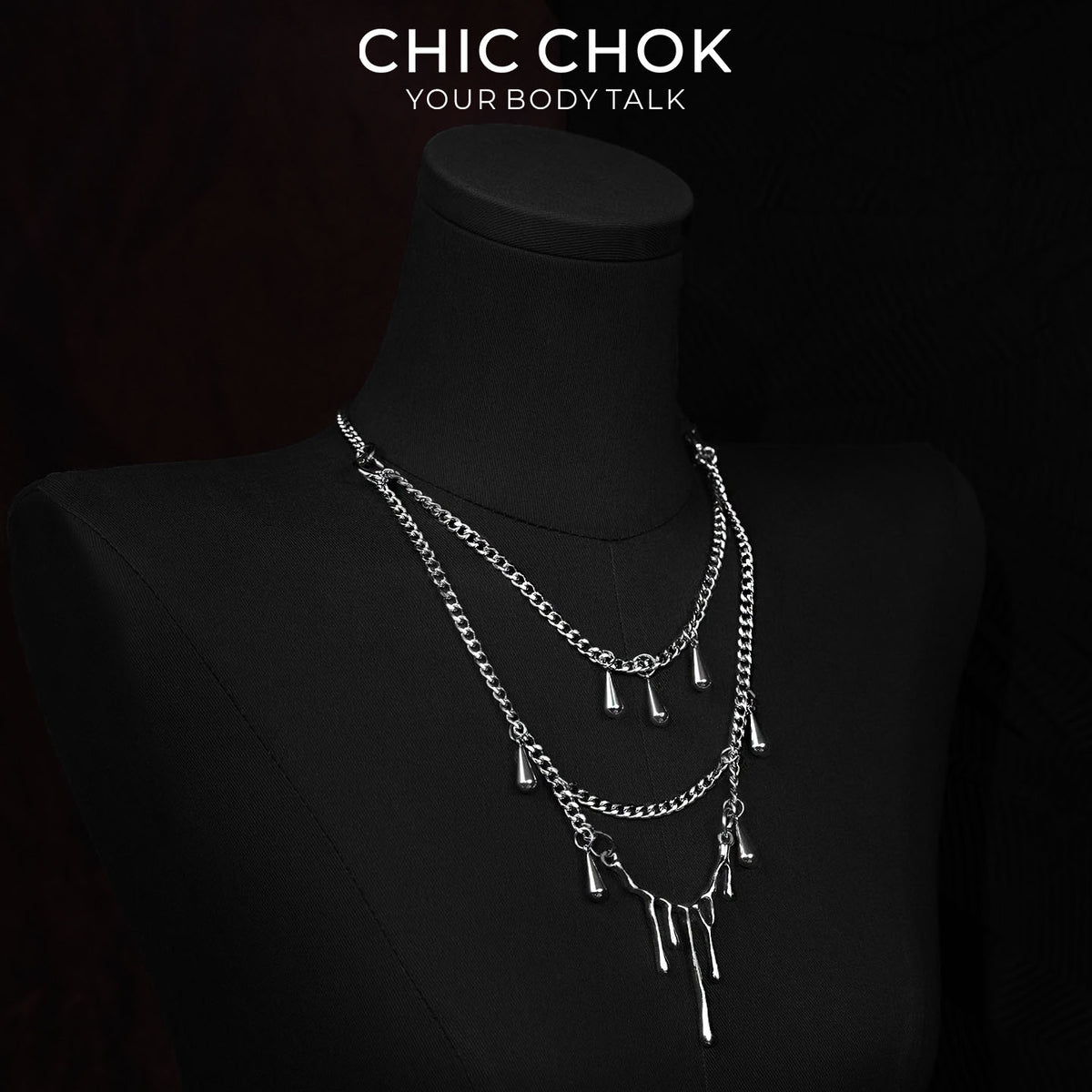 CHICCHOK Lava Tears | Liquid Metal Droplet Layered Necklace | Gothic Cyberpunk Industrial Jewelry