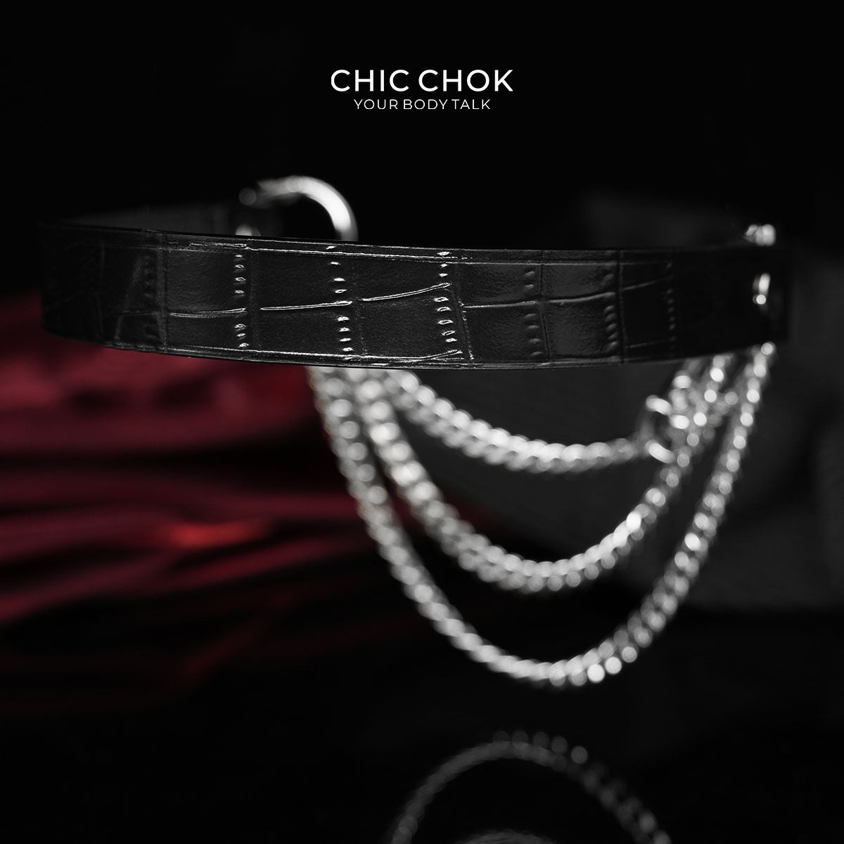 CHICCHOK "The Asphyxia" Croc-Embossed Leather Choker | Triple Layered Stainless Steel Chains | Dark Luxury Heavy Metal Neckwear