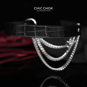CHICCHOK "The Asphyxia" Croc-Embossed Leather Choker | Triple Layered Stainless Steel Chains | Dark Luxury Heavy Metal Neckwear