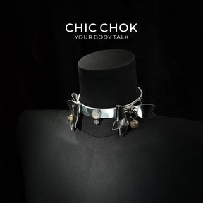 CHIC CHOK Silver Shell Butterfly Chrome Bow & Pearl-Soft Leather Collar Necklace