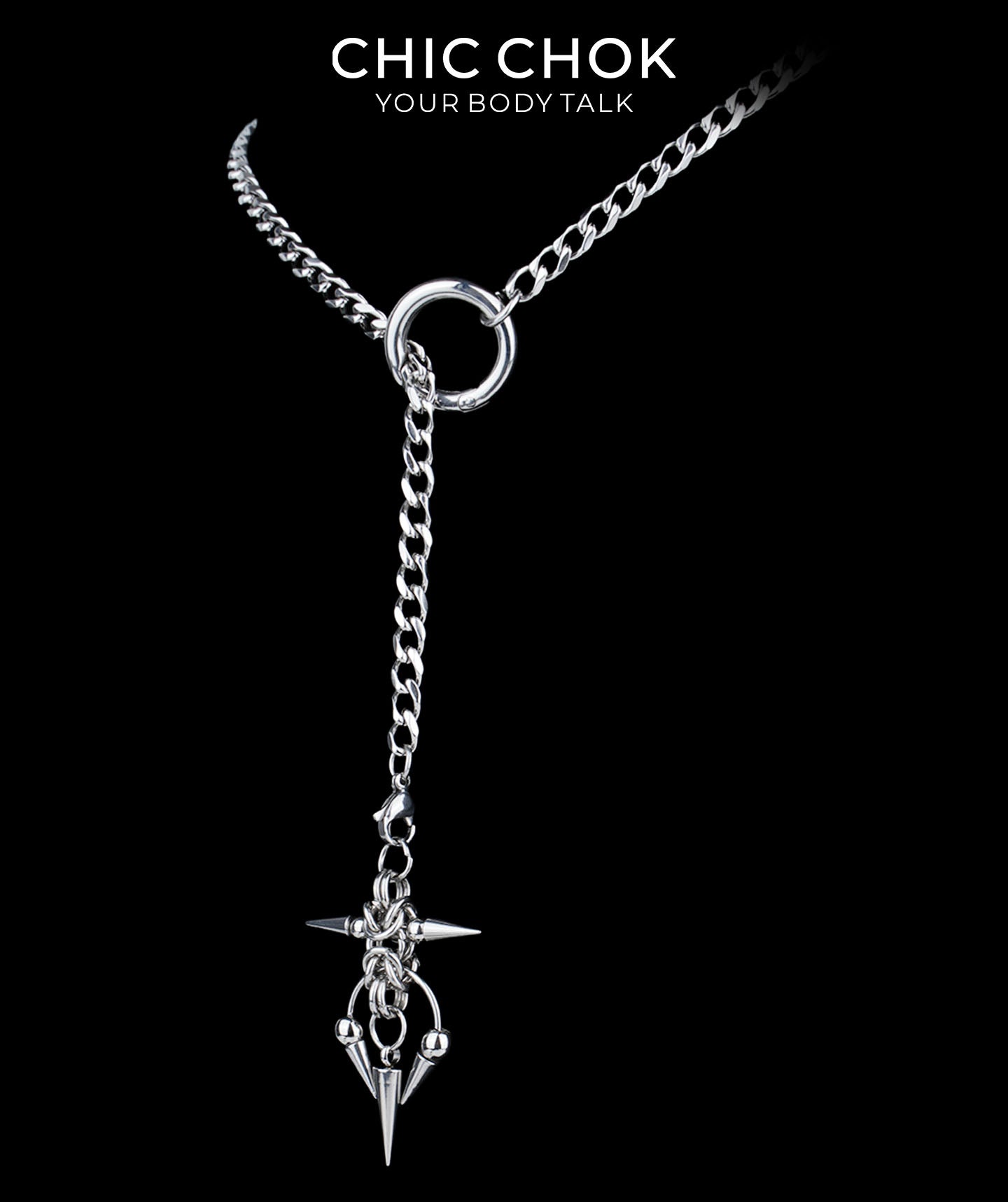 CHICCHOK Subversive Y-Lariat Chain Necklace | Gothic Stainless Steel Cuban Link Collar