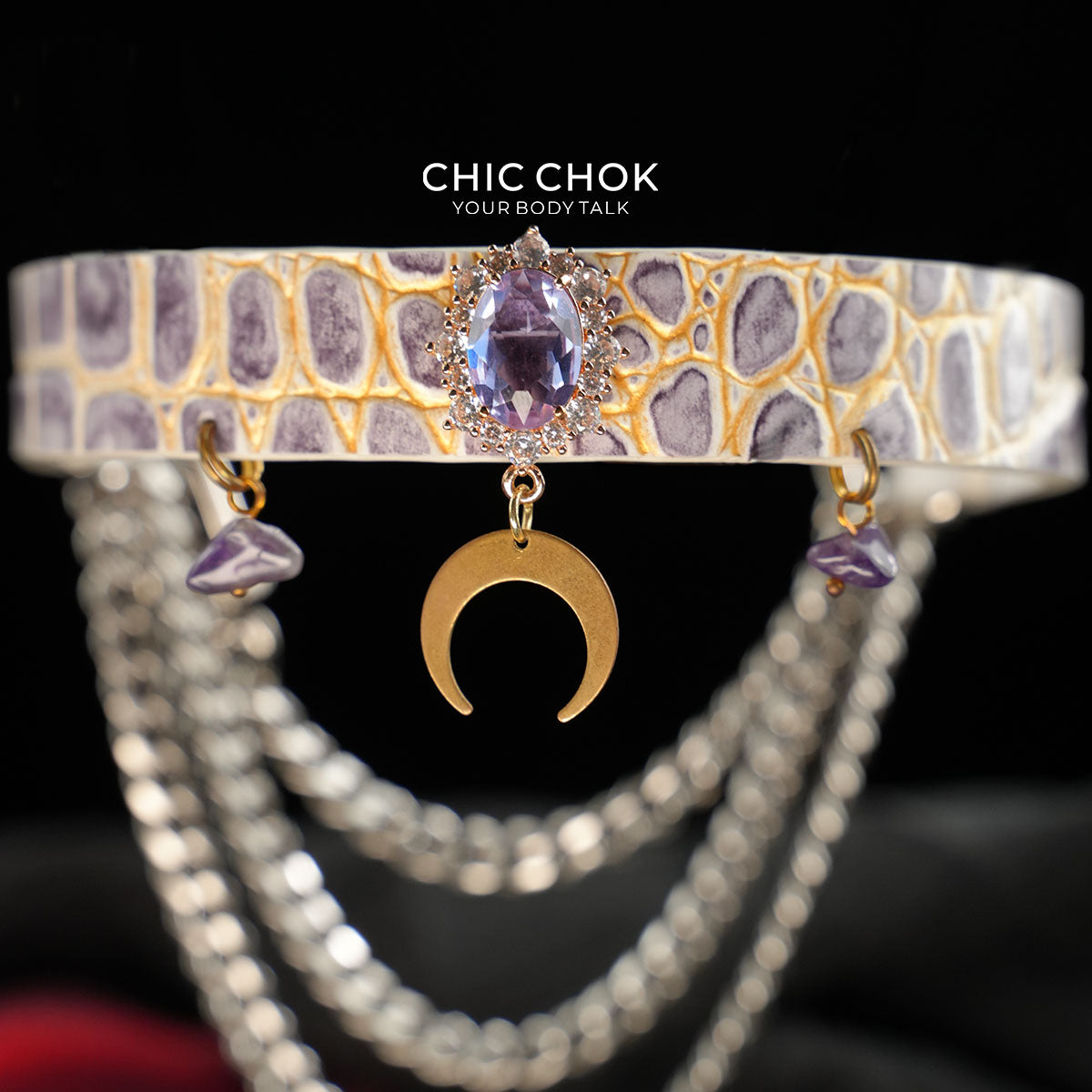 CHICCHOK Tidal Suffocation Genuine Leather Choker | Gothic Purple Zircon Crescent Moon Collar | Luxury Witchcore Cyberpunk Body Armor