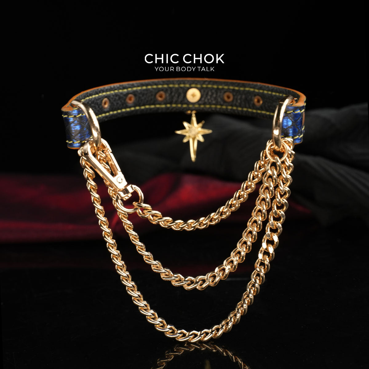 CHICCHOK Breathless Tarot | Blue Snake Leather Choker | Gold Octagram Star Collar