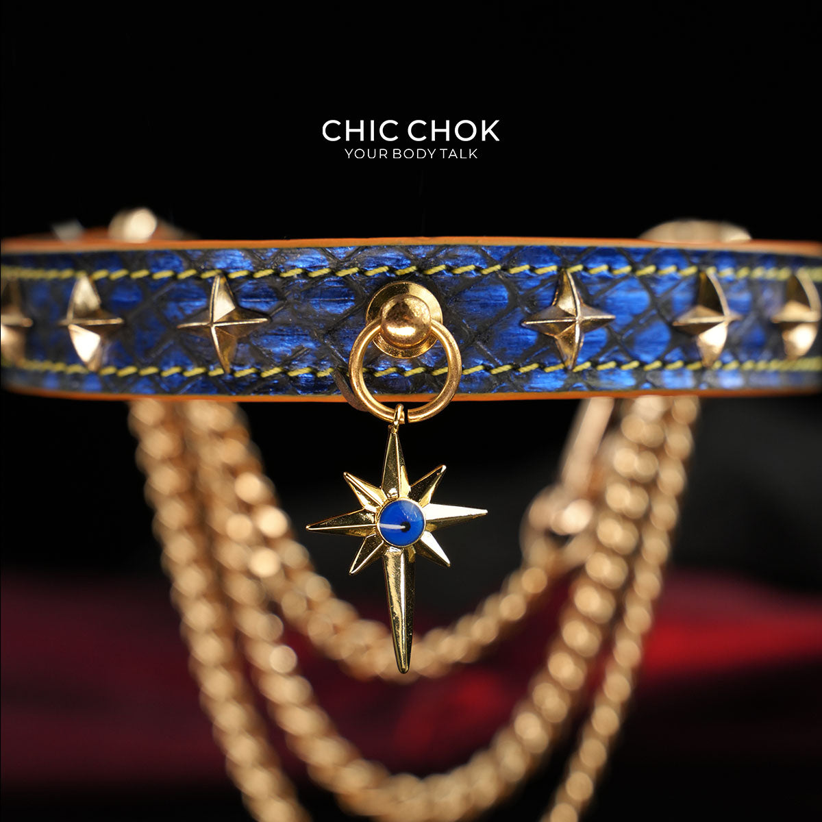 CHICCHOK Breathless Tarot | Blue Snake Leather Choker | Gold Octagram Star Collar