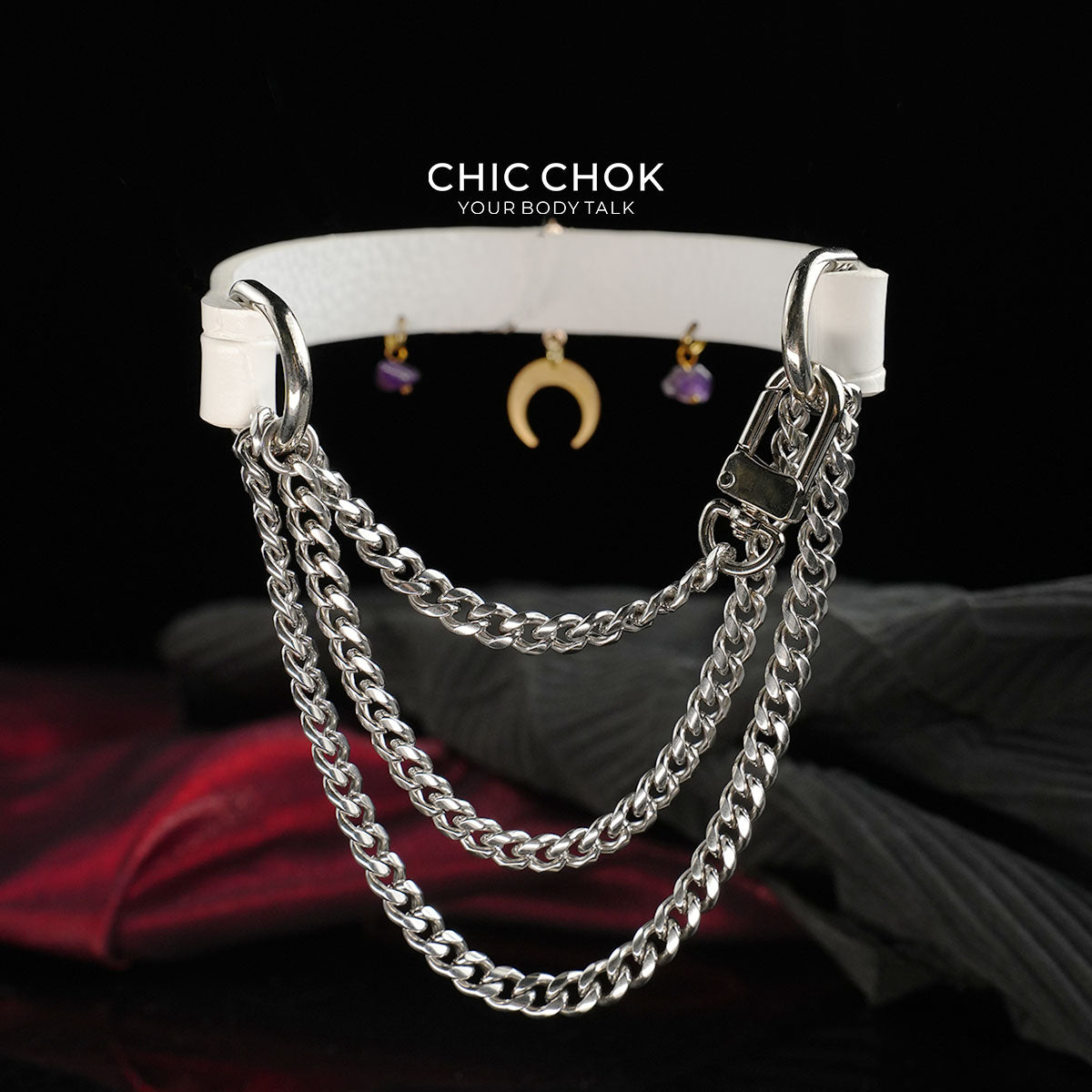 CHICCHOK Tidal Suffocation Genuine Leather Choker | Gothic Purple Zircon Crescent Moon Collar | Luxury Witchcore Cyberpunk Body Armor