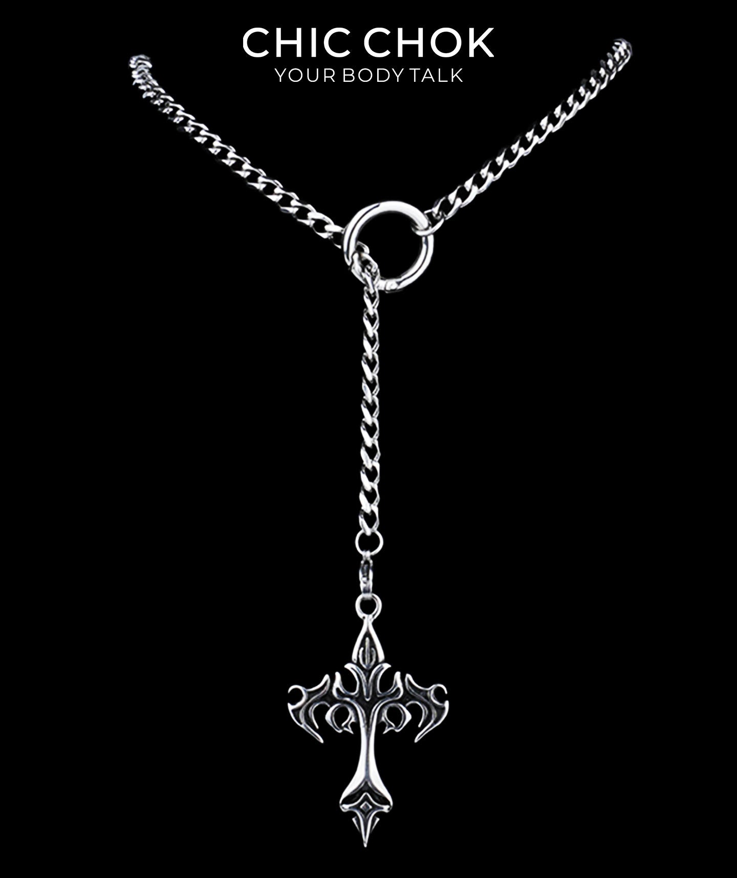CHICCHOK Subversive Y-Lariat Chain Necklace | Gothic Stainless Steel Cuban Link Collar