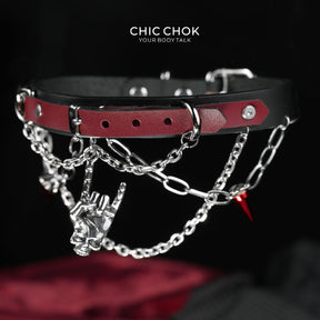 CHICCHOK "Crimson Encore" Layered Leather Choker | Gothic Skeleton Rock Hand Pendant | Heavy Metal Punk Subculture Neckwear