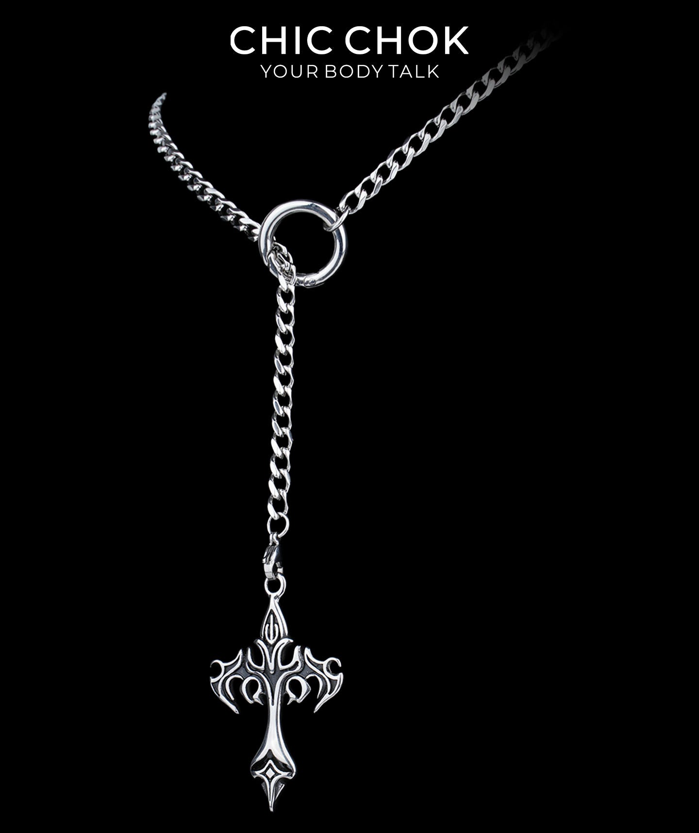 CHICCHOK Subversive Y-Lariat Chain Necklace | Gothic Stainless Steel Cuban Link Collar