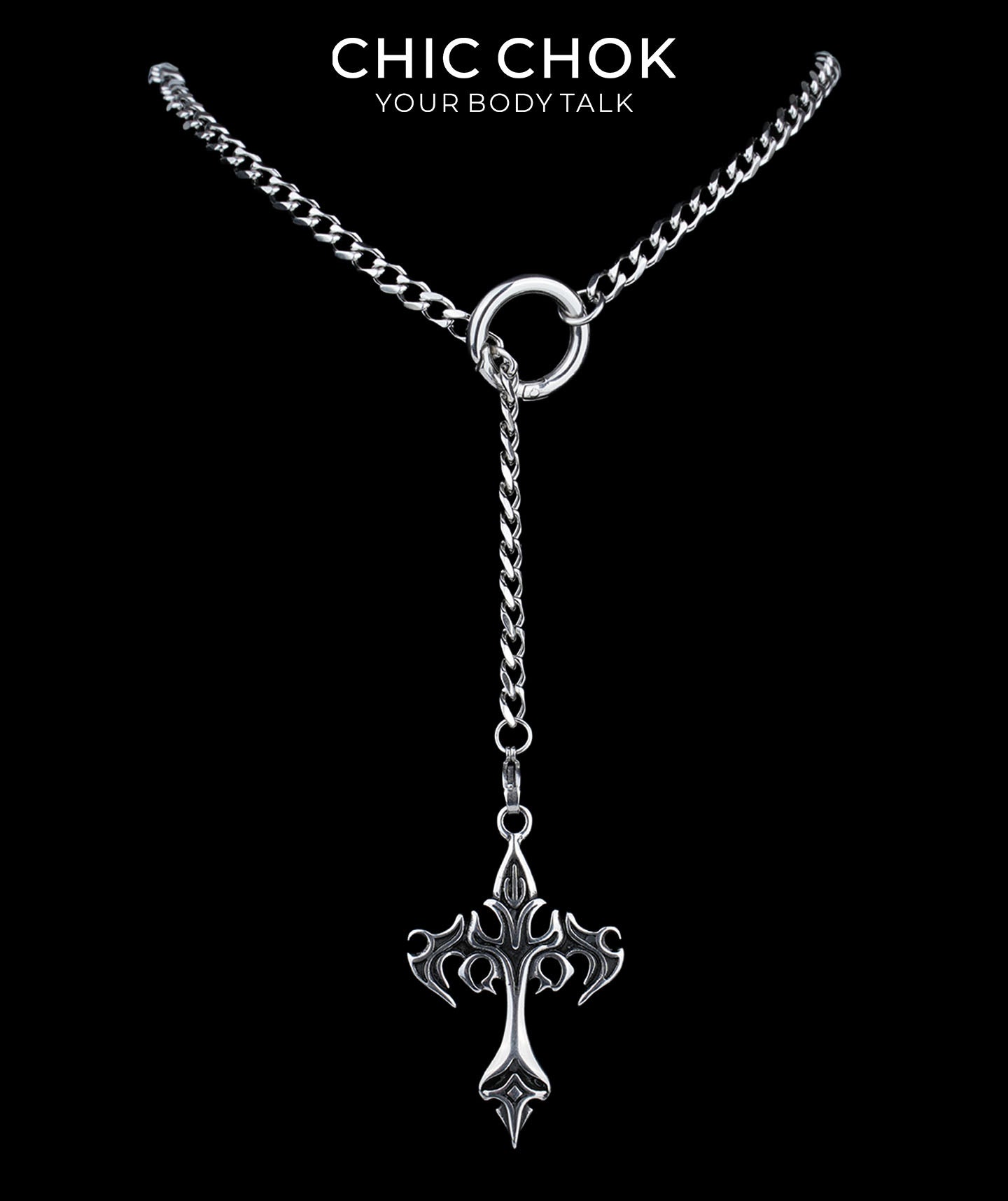 CHICCHOK Subversive Y-Lariat Chain Necklace | Gothic Stainless Steel Cuban Link Collar