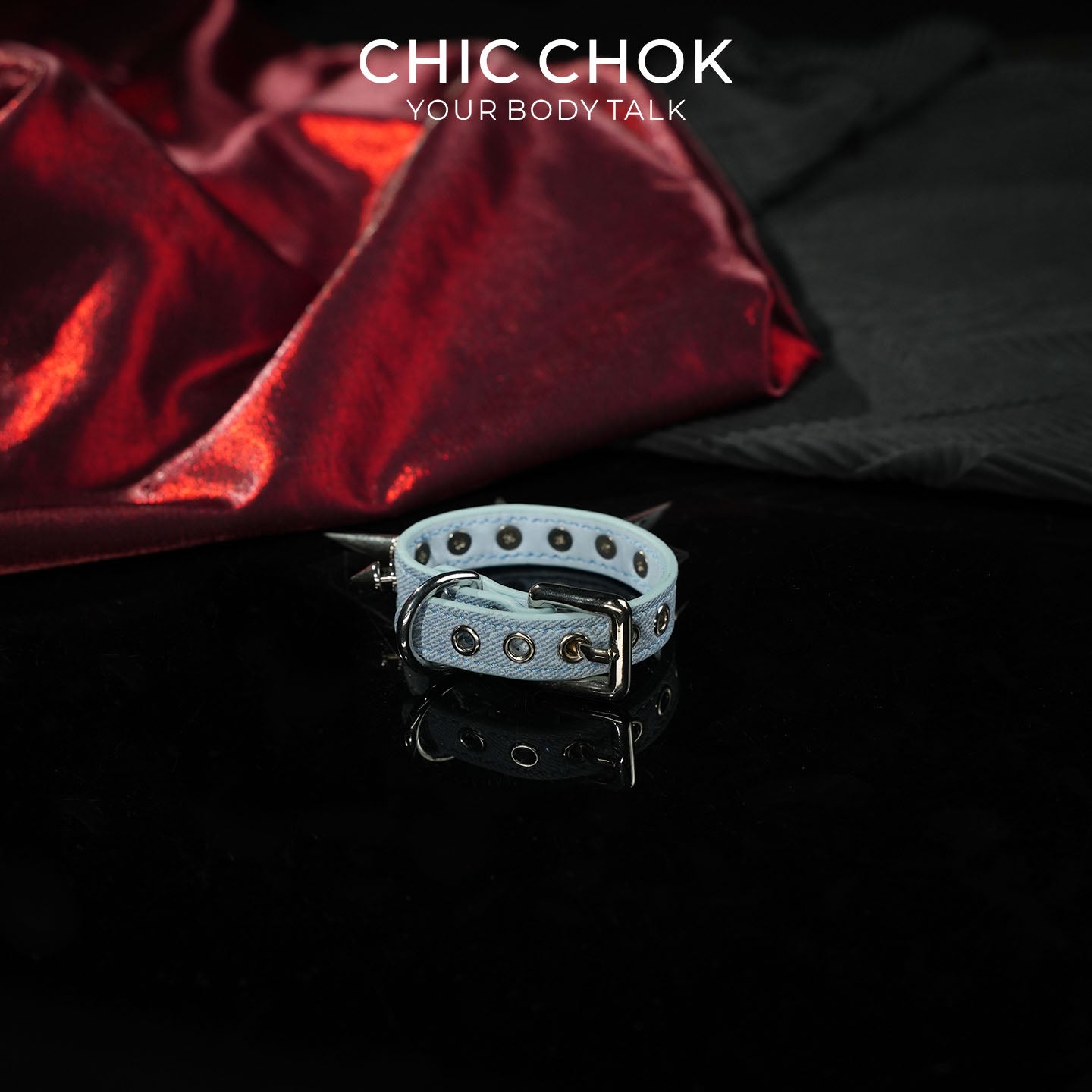 CHICCHOK Mist Isle Covenant Denim Spiked Bracelet | Gothic Light Blue Washed Canvas Cuff | Y2K Cyberpunk Heavy Metal Studded Wristband Body Armor