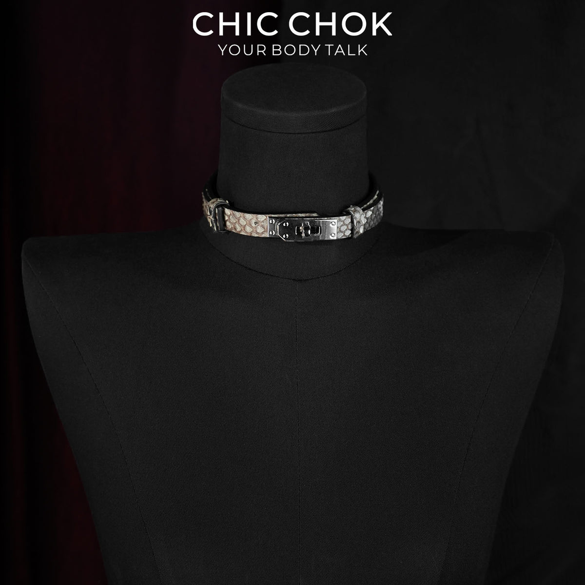 CHICCHOK Minimalist Python Skin Choker | Luxury Exotic Snake Pattern Genuine Leather Collar | Gothic Quiet Luxury Silver Kelly Lock Jewelry
