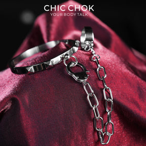 CHICCHOK Shackle Bond Wrist to Finger Chain Bracelet | Gothic Stainless Steel Studded Handcuff Cuff | Subversive Y2K Industrial Punk Crossed Ring Harness Jewelry