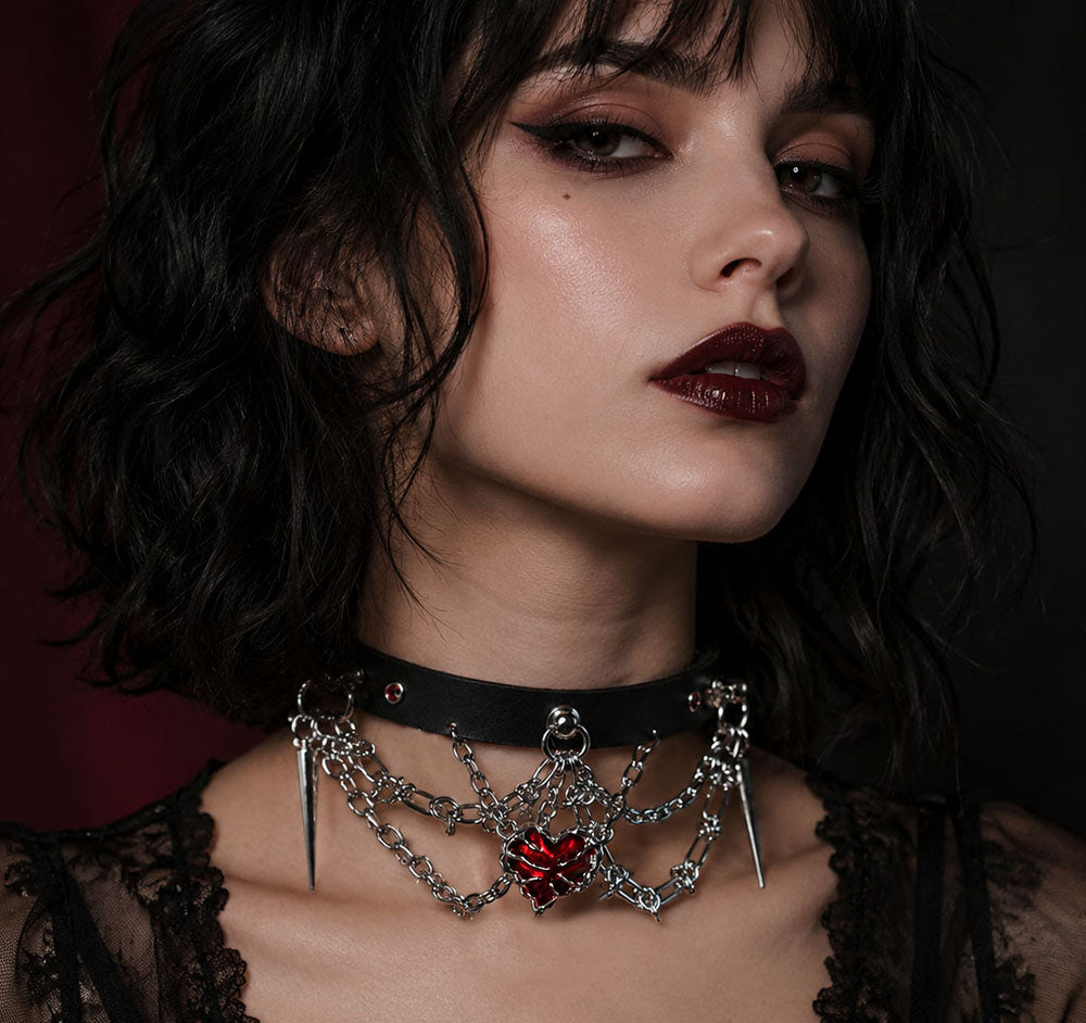 CHICCHOK Bloodbound Stigmata Choker Kulit | Collar Hati Merah Transparan Gotik | Perhiasan Fringe Heavy Punk Cyber Techwear
