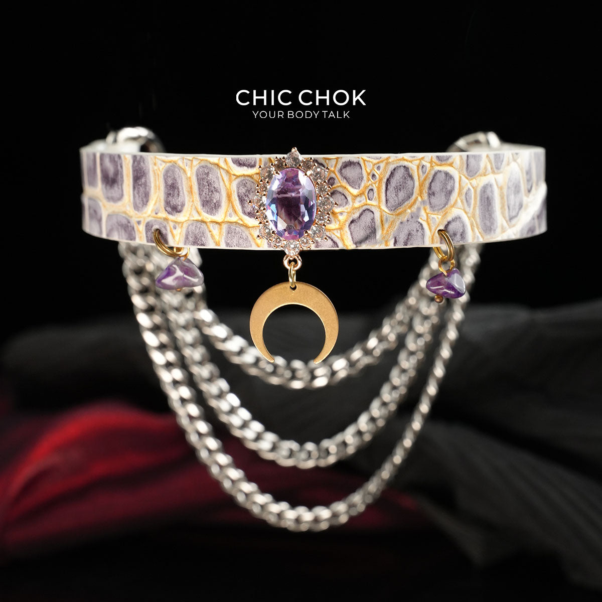 CHICCHOK Tidal Suffocation Genuine Leather Choker | Gothic Purple Zircon Crescent Moon Collar | Luxury Witchcore Cyberpunk Body Armor