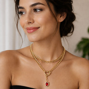 CHICCHOK Golden Silence | Collier en Y superposé en acier titane | Pendentif cœur en cristal rouge