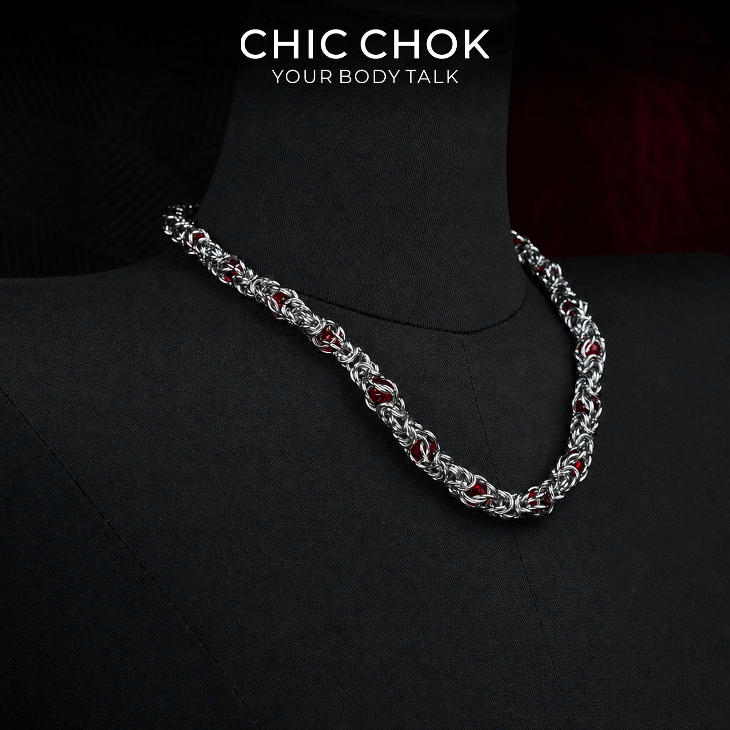 CHICCHOK Crimson Crystal Chain Necklace | Handcrafted Byzantine Stainless Steel Chain | Heavy Industrial Punk Cyber Goth Jewelry
