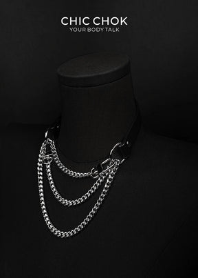 CHICCHOK [Breathless] Fashion Black with Thick Chains, Movable Pulling Chain Daily Wear Leather Necklace Choker versatile wear(Removable chain)
