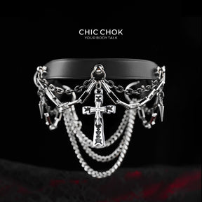 CHICCHOK Breathless and Redemption Genuine Leather Choker | Gothic Thorn Cross Pendant Collar | Luxury Subversive Techwear Body Armor Jewelry