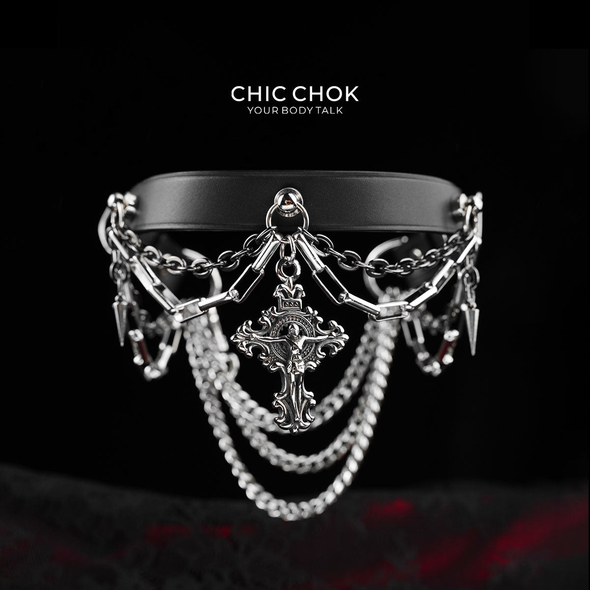 CHICCHOK Breathless and Redemption Genuine Leather Choker | Gothic Thorn Cross Pendant Collar | Luxury Subversive Techwear Body Armor Jewelry