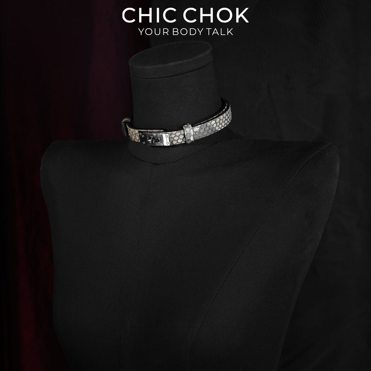 CHICCHOK Minimalist Python Skin Choker | Luxury Exotic Snake Pattern Genuine Leather Collar | Gothic Quiet Luxury Silver Kelly Lock Jewelry