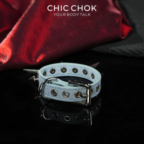 CHICCHOK Mist Isle Covenant Denim Spiked Bracelet | Gothic Light Blue Washed Canvas Cuff | Y2K Cyberpunk Heavy Metal Studded Wristband Body Armor