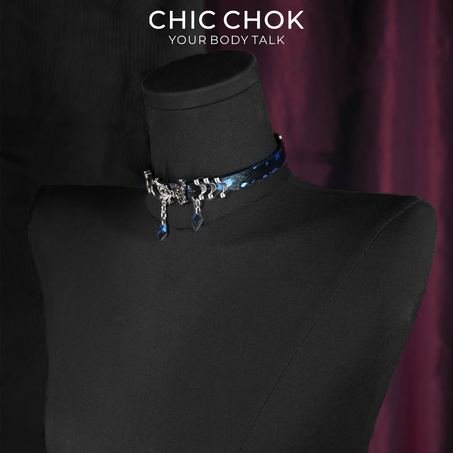 CHICCHOK Phantom Butterfly Bioluminescent Ocean Choker | Luxury Blue-Black Pony Hair Leather Collar | Gothic Zinc Alloy Morpho Butterfly Wave Charm Jewelry for Sensitive Skin CHICCHOK