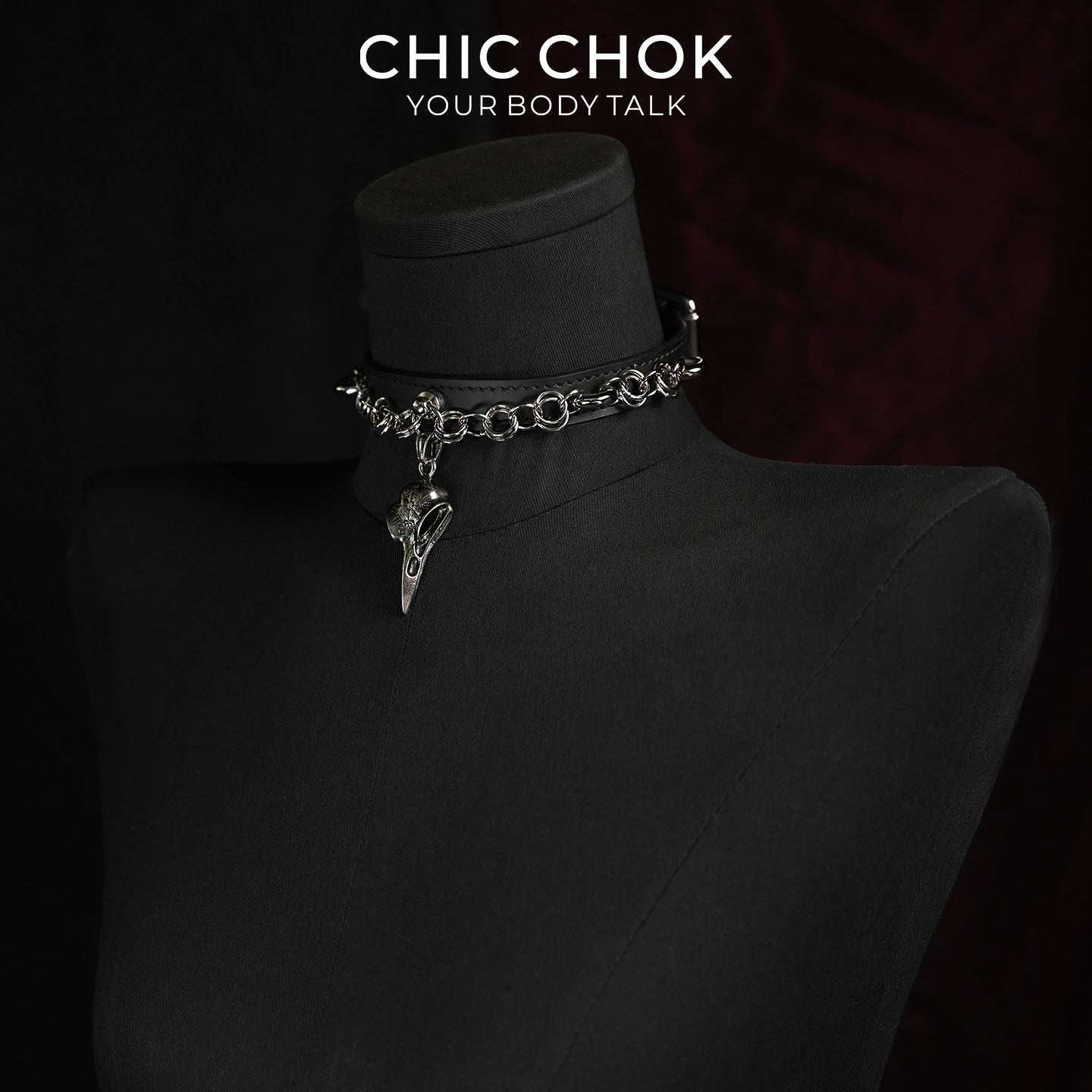 CHICCHOK Raven Messenger | Coleira gótica com crânio de corvo | Coleira de couro preto fosco