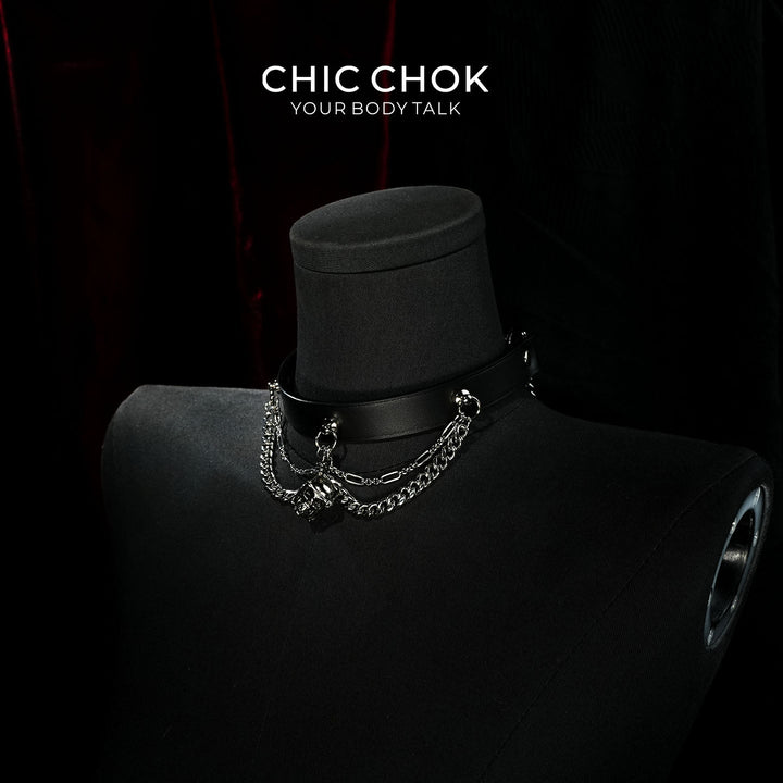 CHICCHOK[Rebel in Chains] Gothic Choker Necklace, Black Genuine Leather with Layered Zinc Alloy Chains, Skull Cage Pendant, Punk Style, choker
