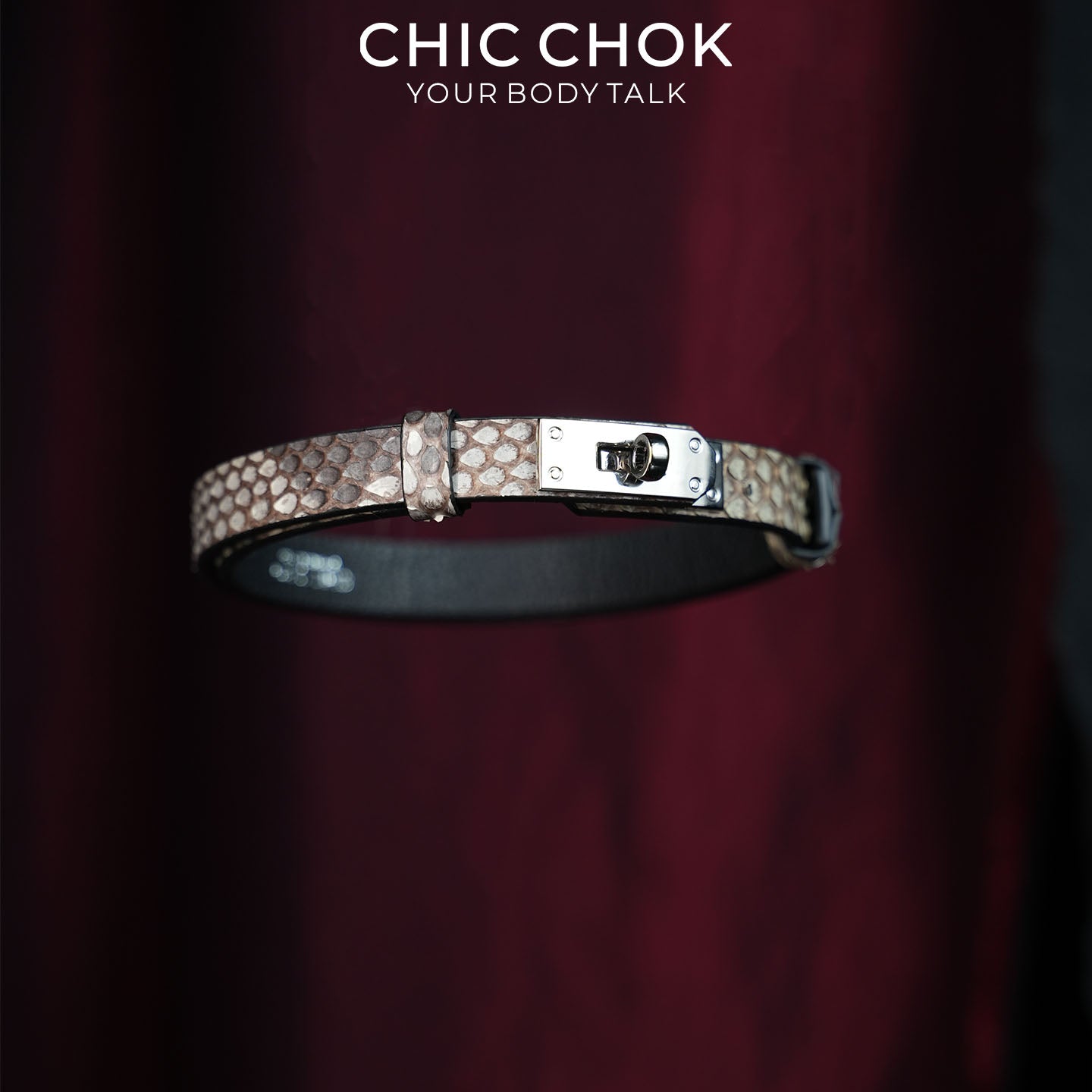 CHICCHOK Minimalist Python Skin Choker | Luxury Exotic Snake Pattern Genuine Leather Collar | Gothic Quiet Luxury Silver Kelly Lock Jewelry