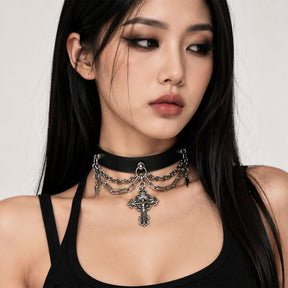 CHICCHOK Breathless and Redemption Genuine Leather Choker | Gothic Thorn Cross Pendant Collar | Luxury Subversive Techwear Body Armor Jewelry