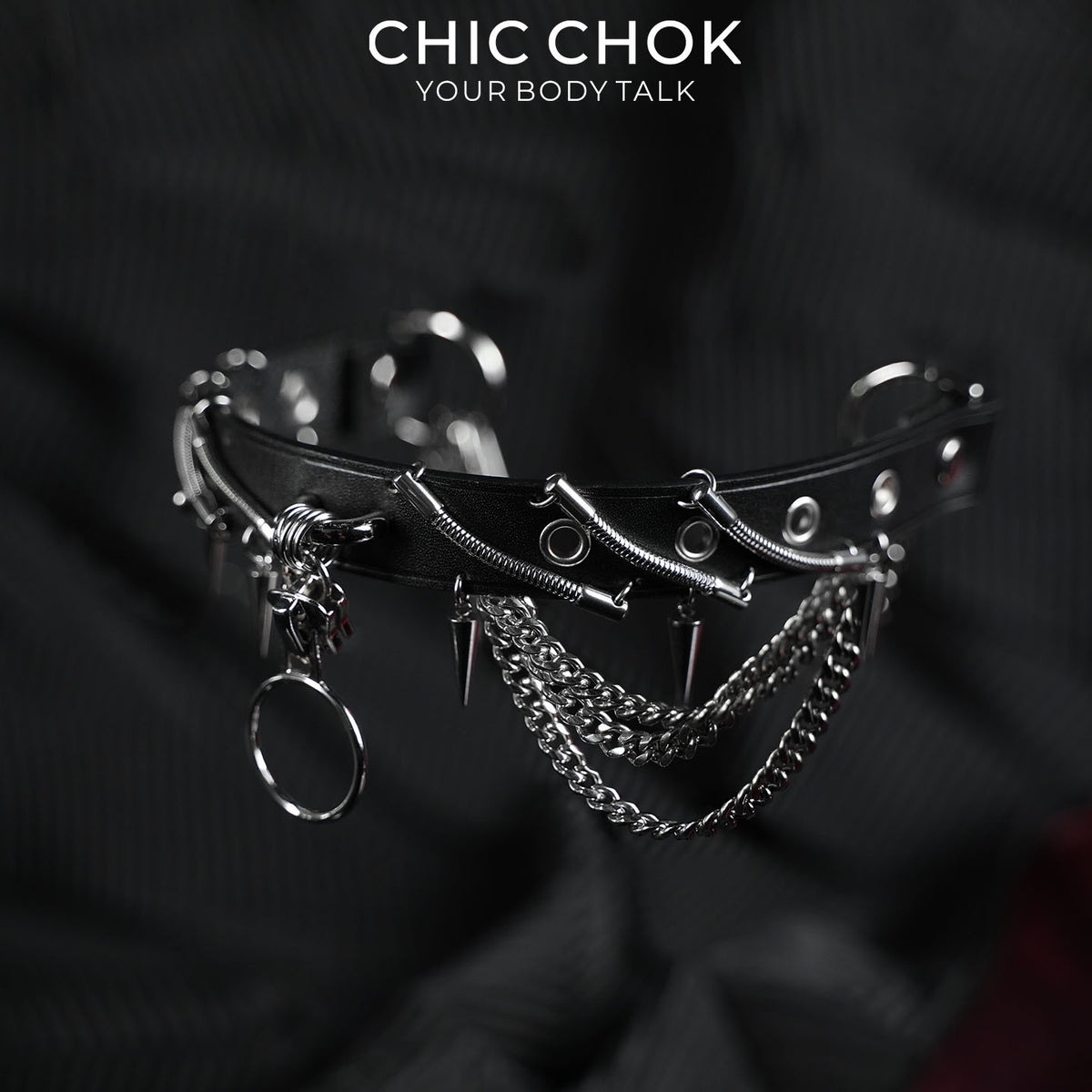 CHICCHOK Synapse Pulse | Cyberpunk Spiked Choker | Matte Black Industrial Collar