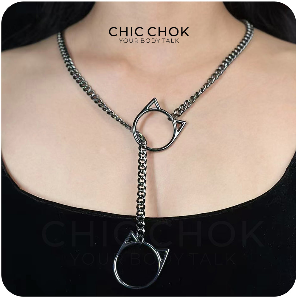 CHICCHOK O-Ring Slip-On Choker Necklace for Women – Handmade Adjustable Lariat Y-Necklace, Cuban Chain Style