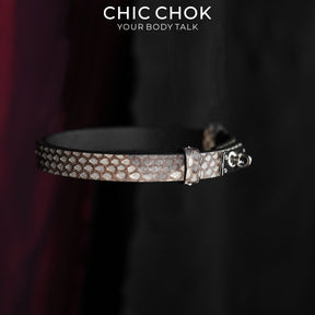 CHICCHOK Minimalist Python Skin Choker | Luxury Exotic Snake Pattern Genuine Leather Collar | Gothic Quiet Luxury Silver Kelly Lock Jewelry