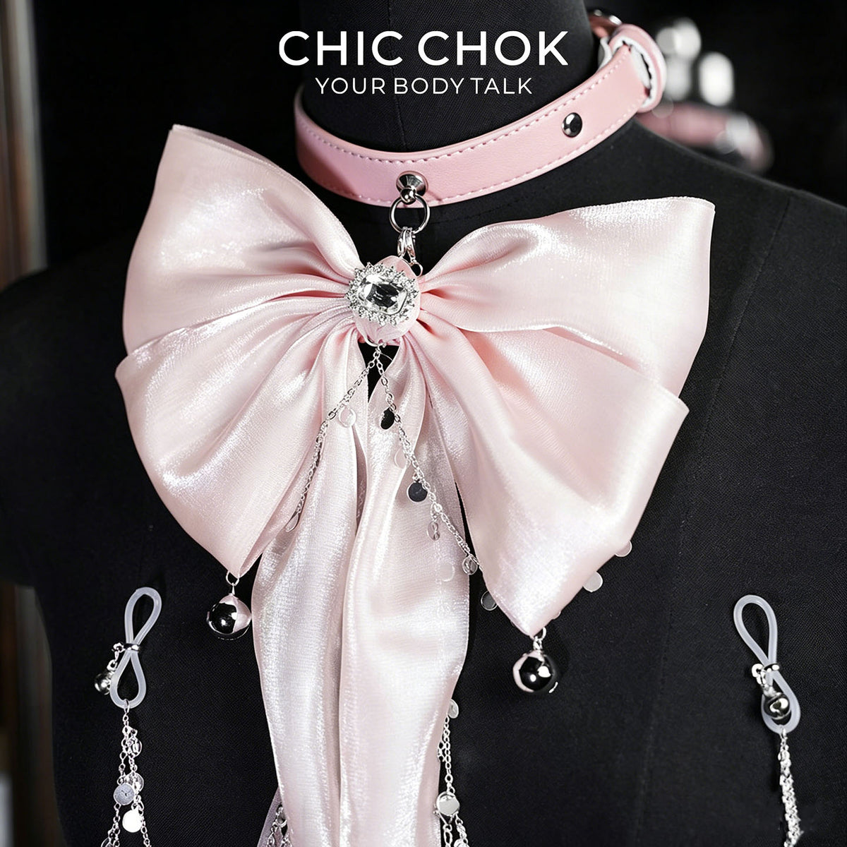 CHICCHOK Starfall Covenant Pastel Pink Body Chain | Shimmering Bowknot Chest Harness | Gothic Lolita Subversive Kawaii Jewelry