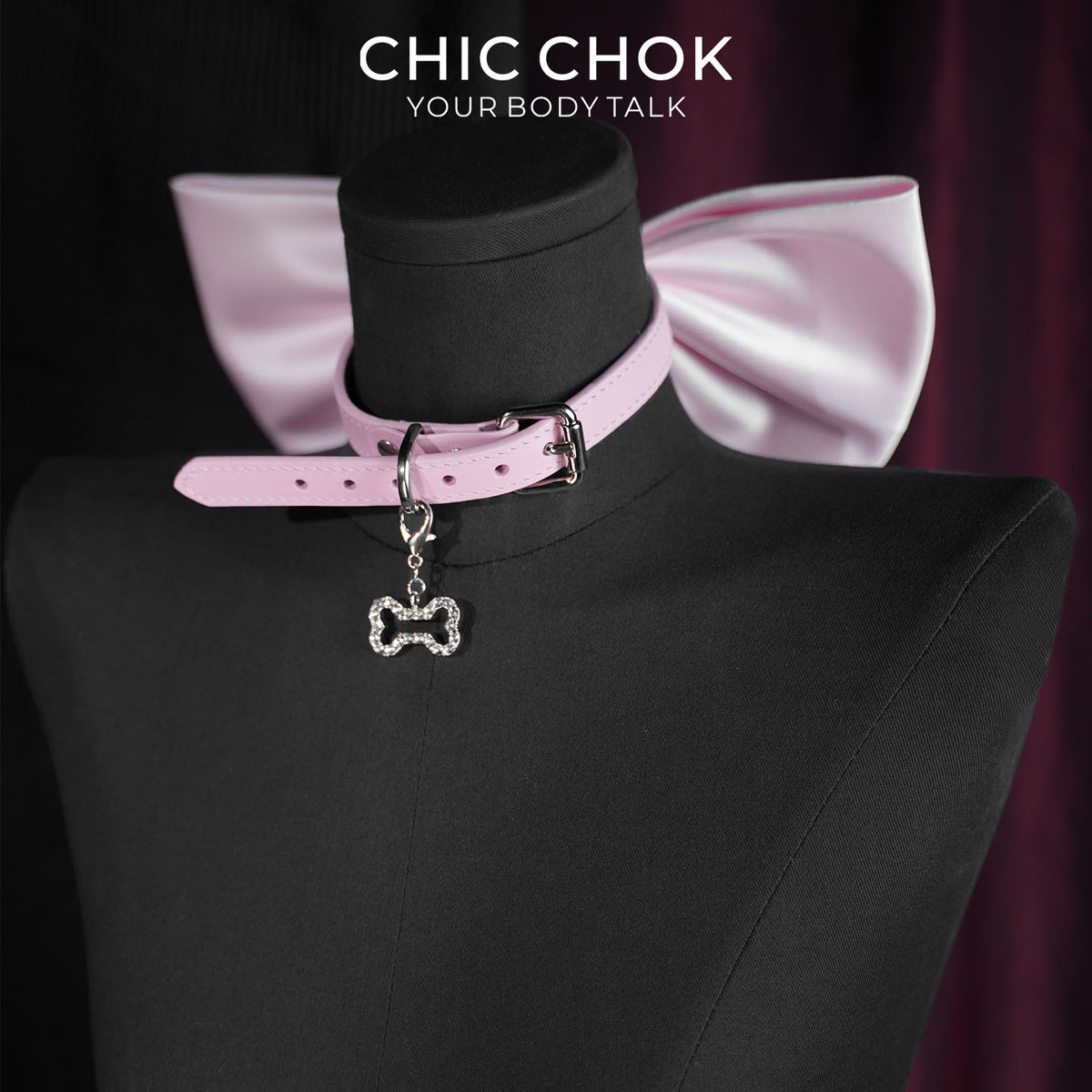 CHICCHOK Satin Bow Bone Covenant Choker | Coquette Pink Genuine Leather Collar | Gothic Rhinestone Paved Bone Charm Oversized Silk Bowknot Necklace for Sensitive Skin