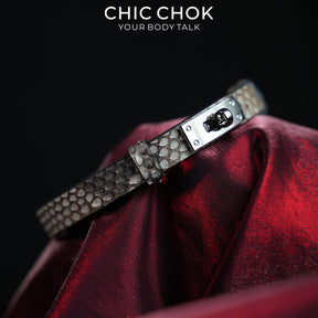CHICCHOK Minimalist Python Skin Choker | Luxury Exotic Snake Pattern Genuine Leather Collar | Gothic Quiet Luxury Silver Kelly Lock Jewelry