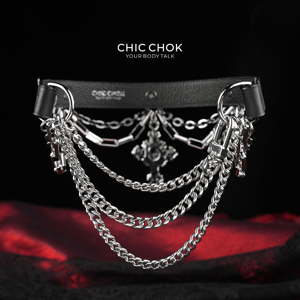CHICCHOK Breathless and Redemption Genuine Leather Choker | Gothic Thorn Cross Pendant Collar | Luxury Subversive Techwear Body Armor Jewelry