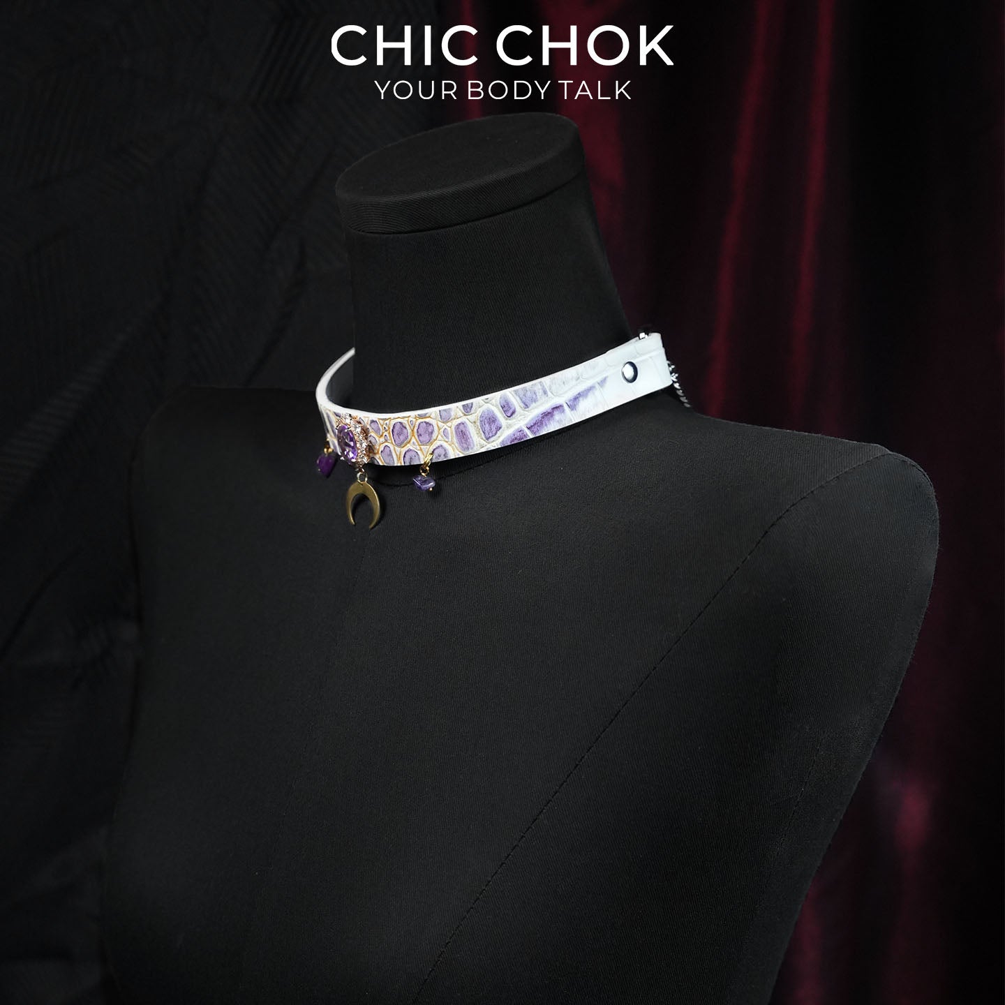 CHICCHOK Tidal Suffocation Genuine Leather Choker | Gothic Purple Zircon Crescent Moon Collar | Luxury Witchcore Cyberpunk Body Armor